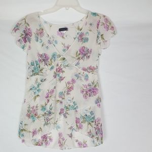 Vixen Flower Chiffon Shirt Blouse SZ S Purple Blue